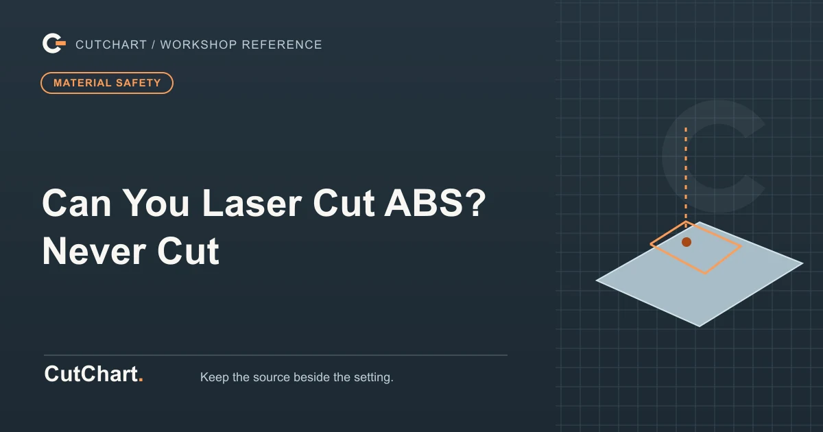 CutChart cover card on a dark grid plate: an angled slab with a kerf path traced across it, a material safety badge, and the printed line "Can You Laser Cut ABS? Never Cut".