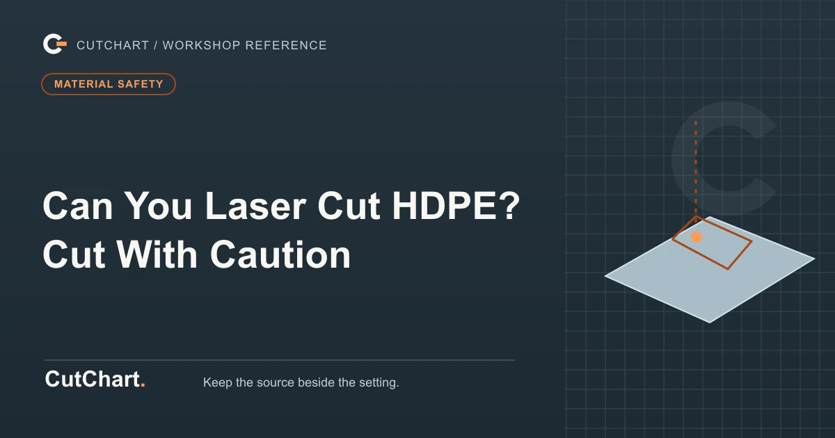 CutChart cover card on a dark grid plate: an angled slab with a kerf path traced across it, a material safety badge, and the printed line "Can You Laser Cut HDPE? Cut With Caution".