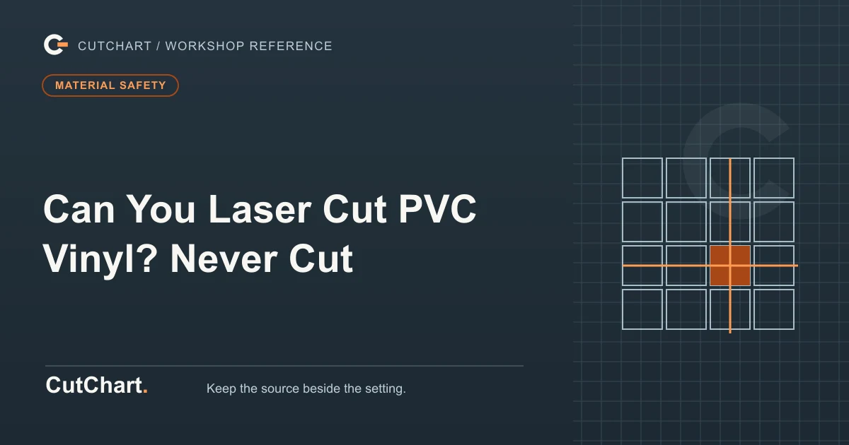 CutChart cover card on a dark grid plate: a four by four grid with one cell filled and its row and column marked, a material safety badge, and the printed line "Can You Laser Cut PVC Vinyl? Never Cut".