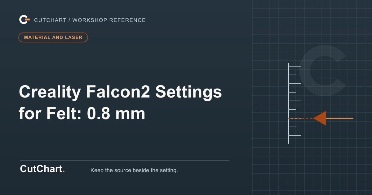 CutChart cover card on a dark grid plate: a focus caret aimed at one height on a vertical scale, a material and laser badge, and the printed line "Creality Falcon2 Settings for Felt: 0.8 mm".