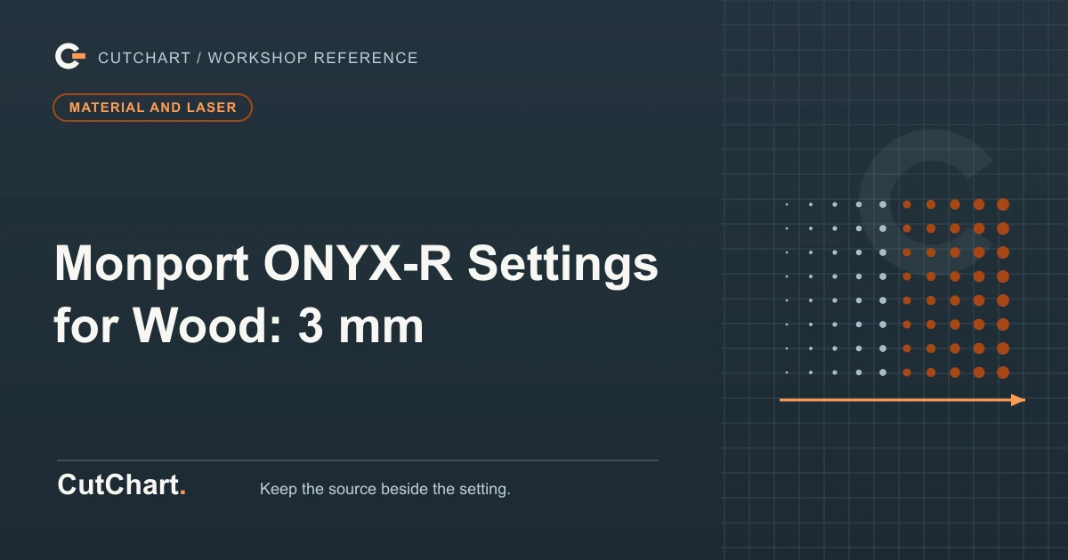CutChart cover card on a dark grid plate: a raster dot field thickening left to right above a travel arrow, a material and laser badge, and the printed line "Monport ONYX-R Settings for Wood: 3 mm".